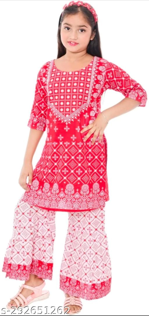 Rayon Kurta Set for Girls (Red & White, 4-5 Years)