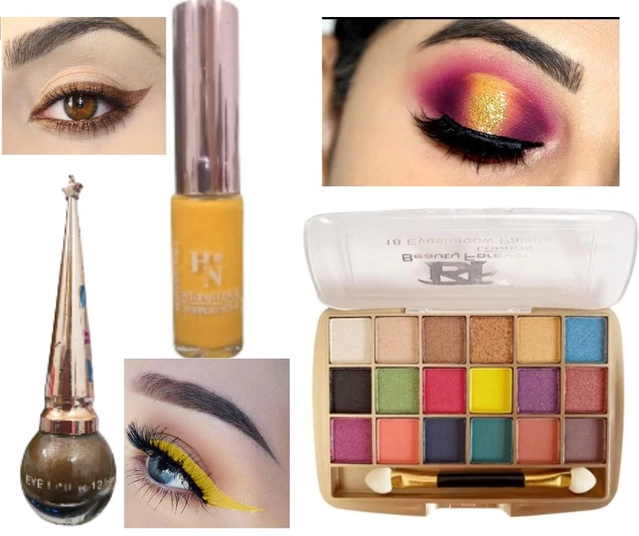 Combo of 2 Pcs Waterproof Eyeliner (Brown & Yellow) & 18 Shades Eyeshadow Palette (Multicolor) (Set of 3)