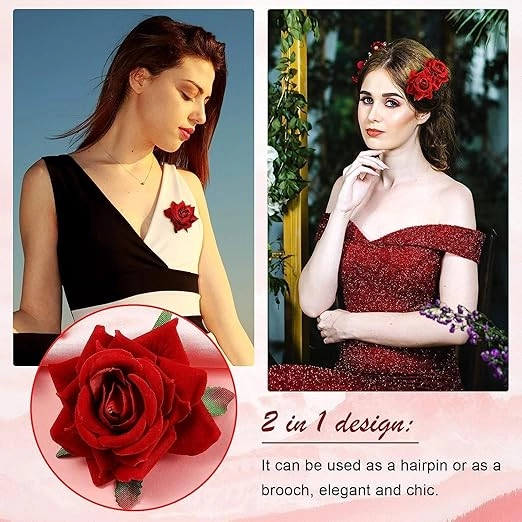 Artificial Bridal Rose Hair Clips for Women (Red, Pack of 2)