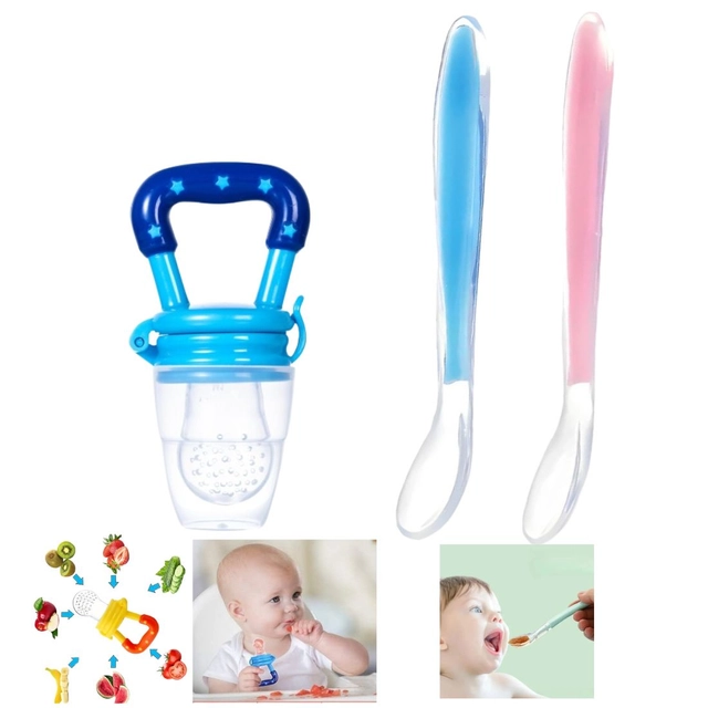 Combo of Silicone 2 Pcs Feeding Spoon & Fruit Nibbler for Baby (Multicolor, Set of 3)