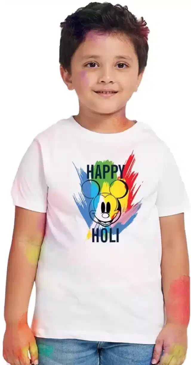 Holi special T-shirt for Kids  (White , 8-10 Years)