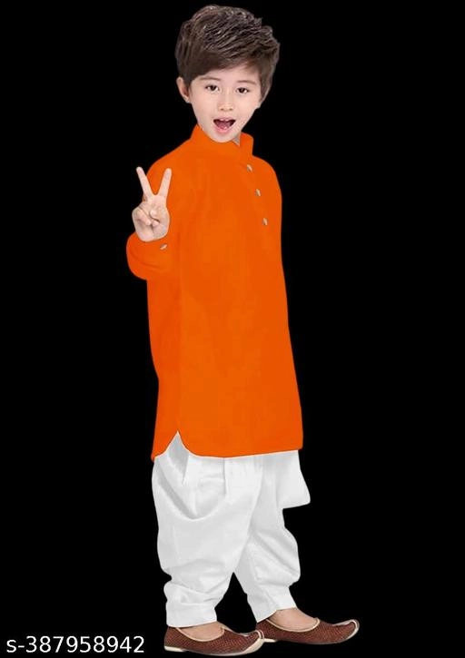 Cotton Solid Kurta with Pyjama for Boys (2-3 Years, Orange & White)