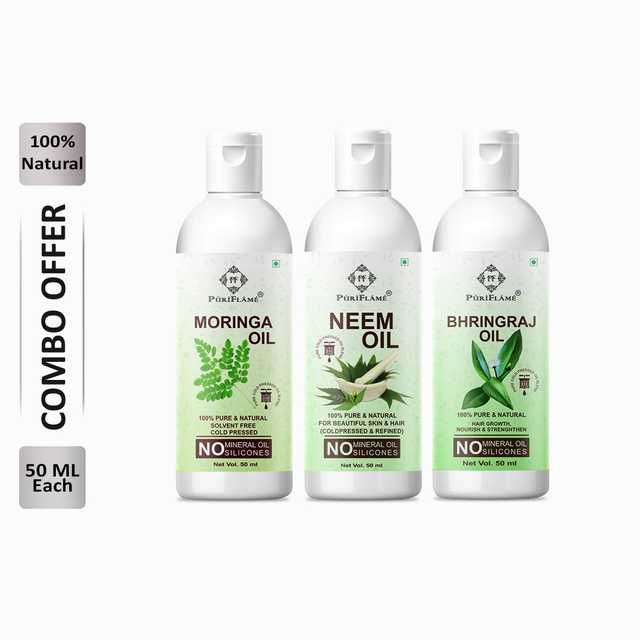 Puriflame Pure Moringa Oil (50 ml), Neem Oil (50 ml) & Bhringraj Oil (50 ml) Combo for Rapid Hair Growth (Pack Of 3) (B-11844)