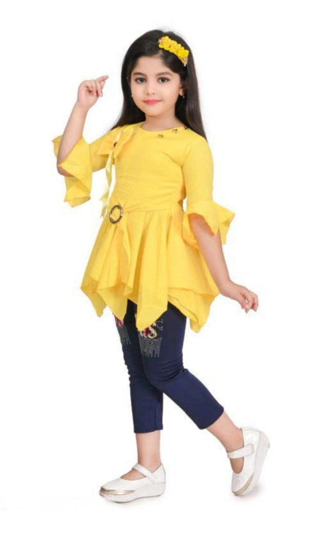 Cotton Blend Solid Cloting Set for Girls (Yellow & Navy Blue, 1-2 Years)