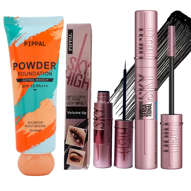 Pippal Orange Tube Powder Fondation (40 ml) with Sky High Mascara (12 ml) & Eyeliner (6 ml) (Set of 3)