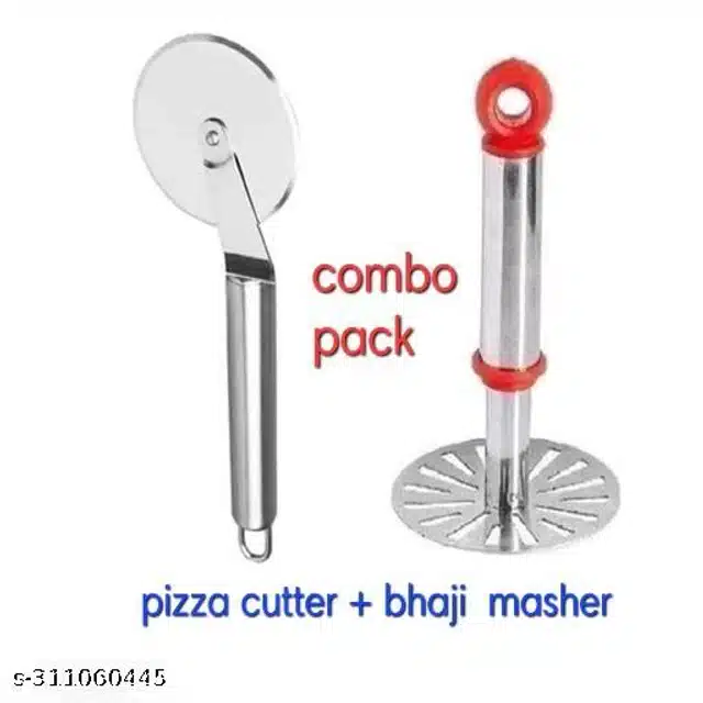 Stainless Steel Pizza Cutter with Masher (Silver, Set of 2)