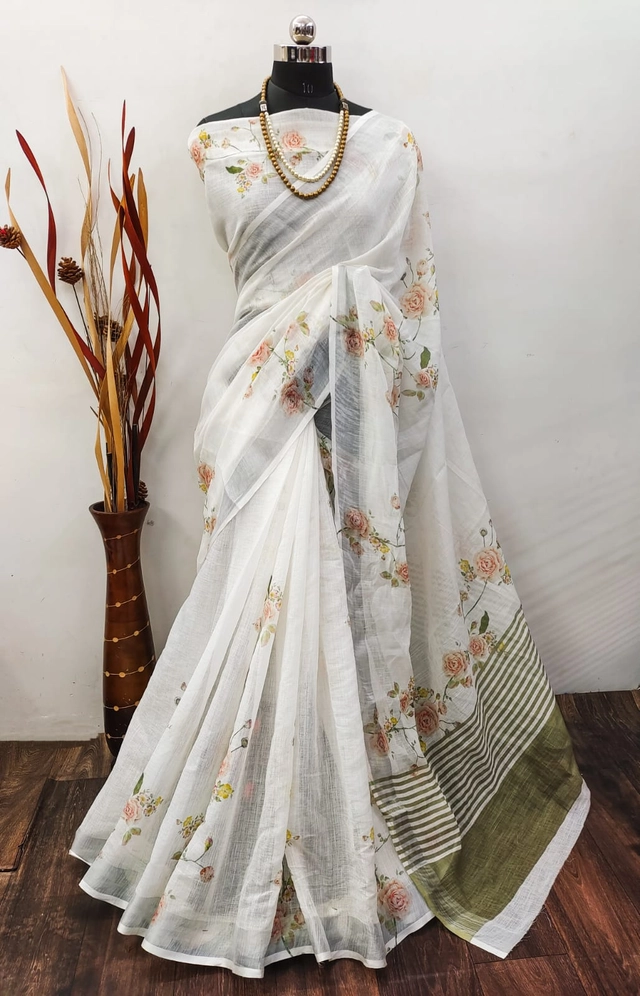 Linen Printed Saree for Women (White, 6.3 m)