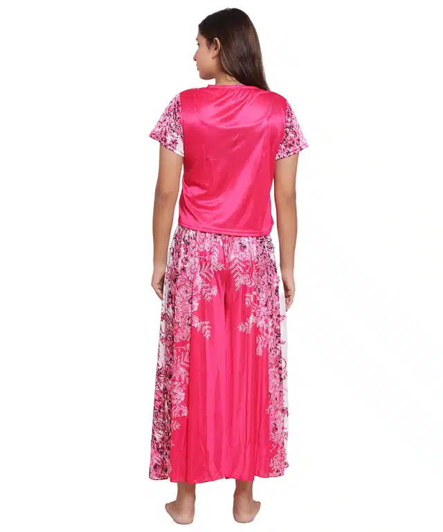 Satin Printed Night Suit for Women (Pink, S)