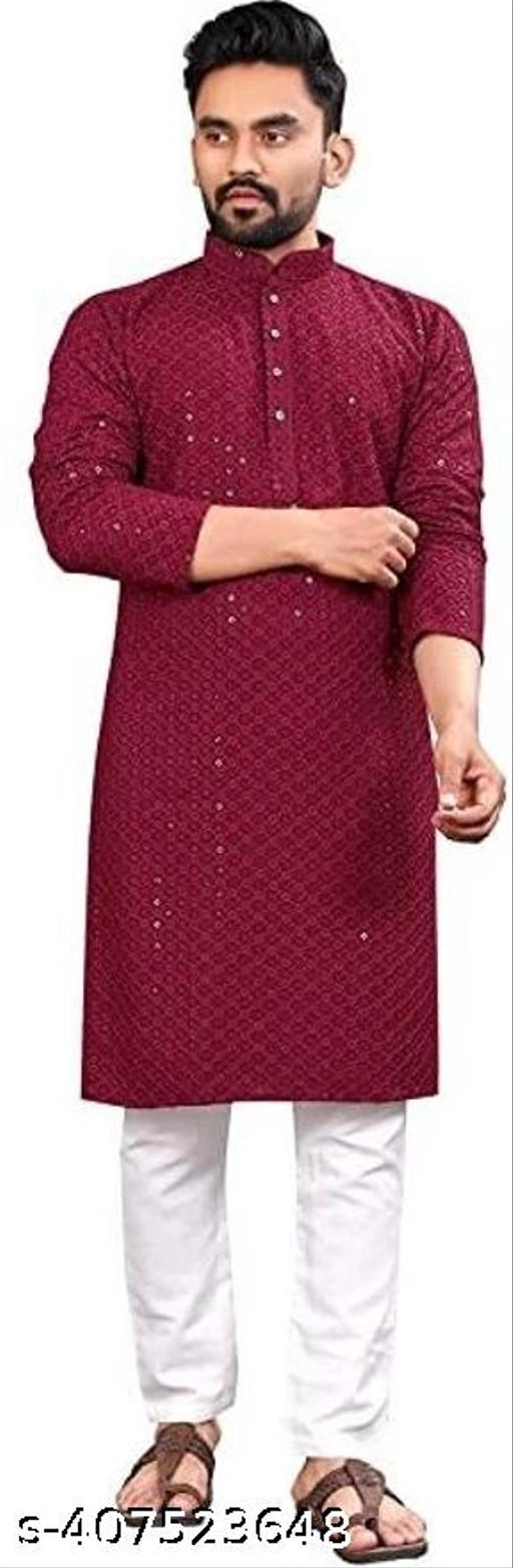 Cotton Embroidered Kurta with Pyjama for Men (S, Maroon & White)