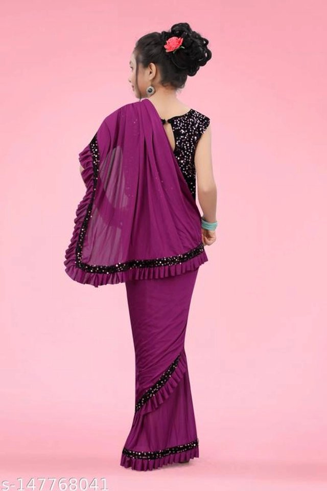 Solid Fancy Saree for Girls with Blouse (Wine, 3-4 Years)