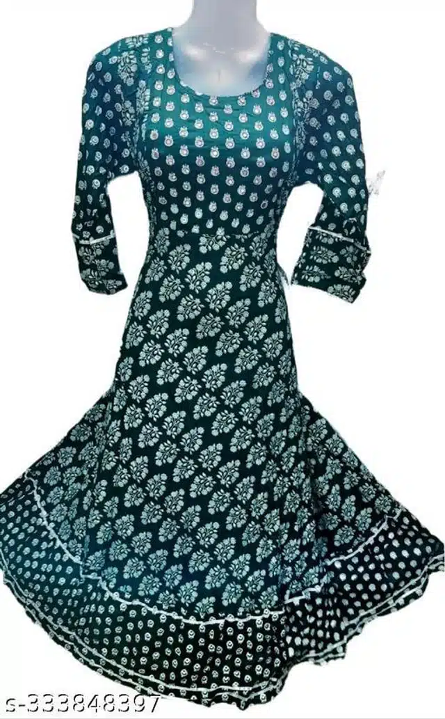 Cotton Printed Gown for Women (Dark Green & White, XL)
