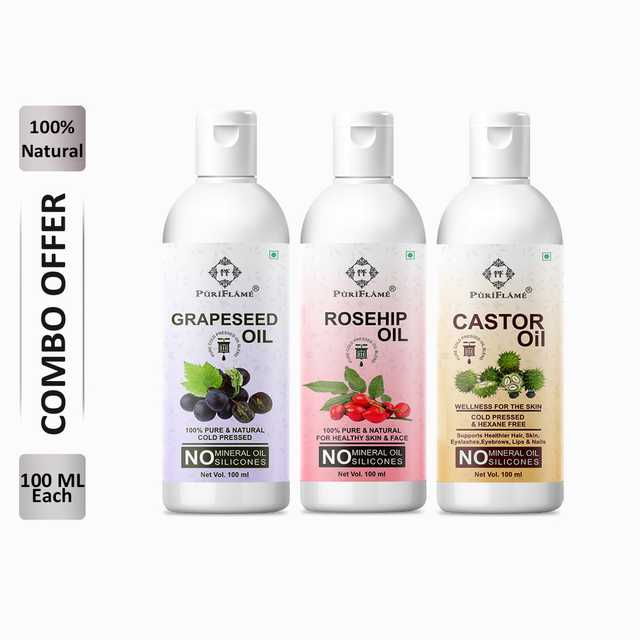 PuriFlame Pure Grapeseed Oil (100 ml) & Rosehip Oil (100 ml) & Castor Oil (100 ml) Combo For Rapid Hair Growth (Pack Of 3) (B-4596)