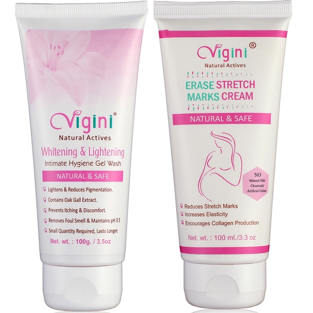 Vigini Vaginal Feminine Hygiene Intimate Wash (100 ml) with Stretch Marks Cream for Women (100 ml) (Set of 2)