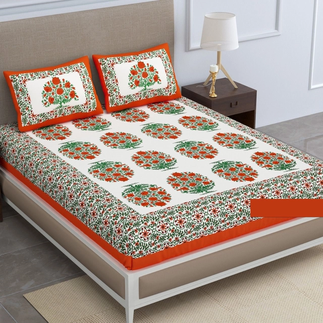 Cotton Printed Queen Size Bedsheet with 2 Pcs Pillow Covers (Orange & White, 90x100 inches)