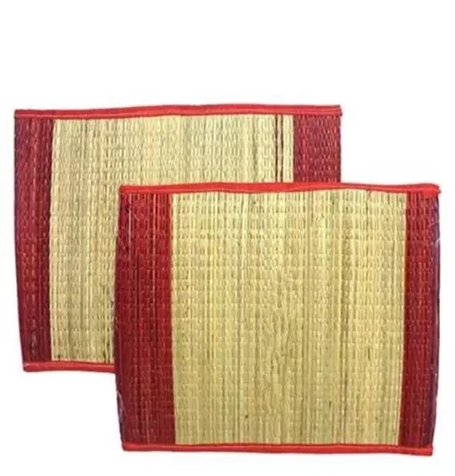 Original Natural Grass Pooja Mats (Brown & Red, Pack of 2)