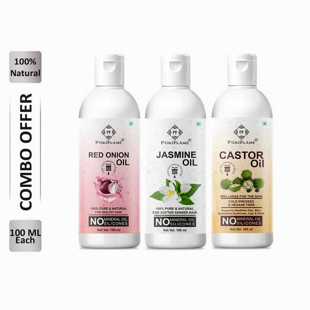 PuriFlame Pure Red Onion Oil (100 ml) & Jasmine Oil (100 ml) & Castor Oil (100 ml) Combo For Rapid Hair Growth (Pack Of 3) (B-6881)