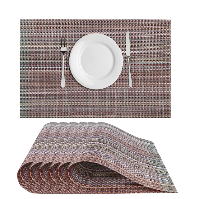 PVC Waterproof Rectangle Striped Table Mats (Brown, 45x30 cm) (Pack of 6)