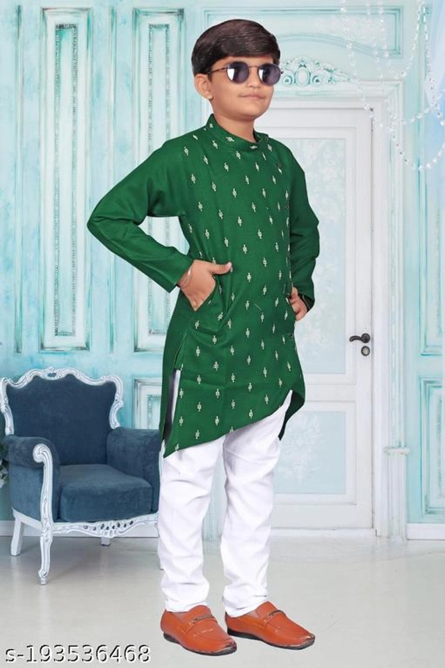 Cotton Blend Kurta Sets for Boys (2-3 Years, Green & White)