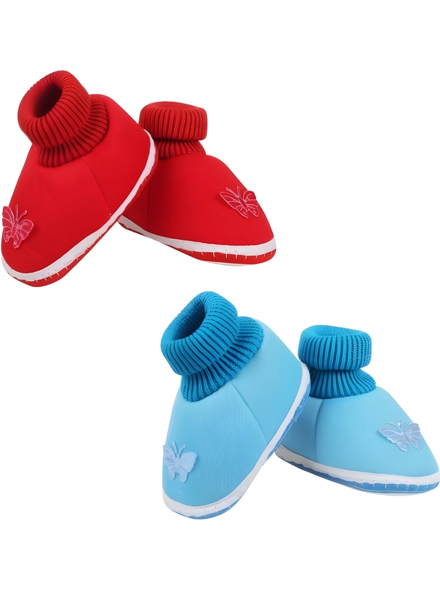 Cotton Booties for Infants (Red & Aqua Blue, 0-3 Months)