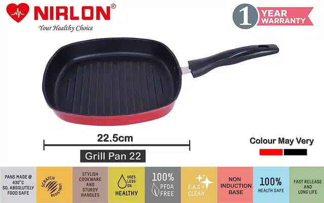 NIRLON Aluminium Grill Pan (Red & Black, 22.5 cm)