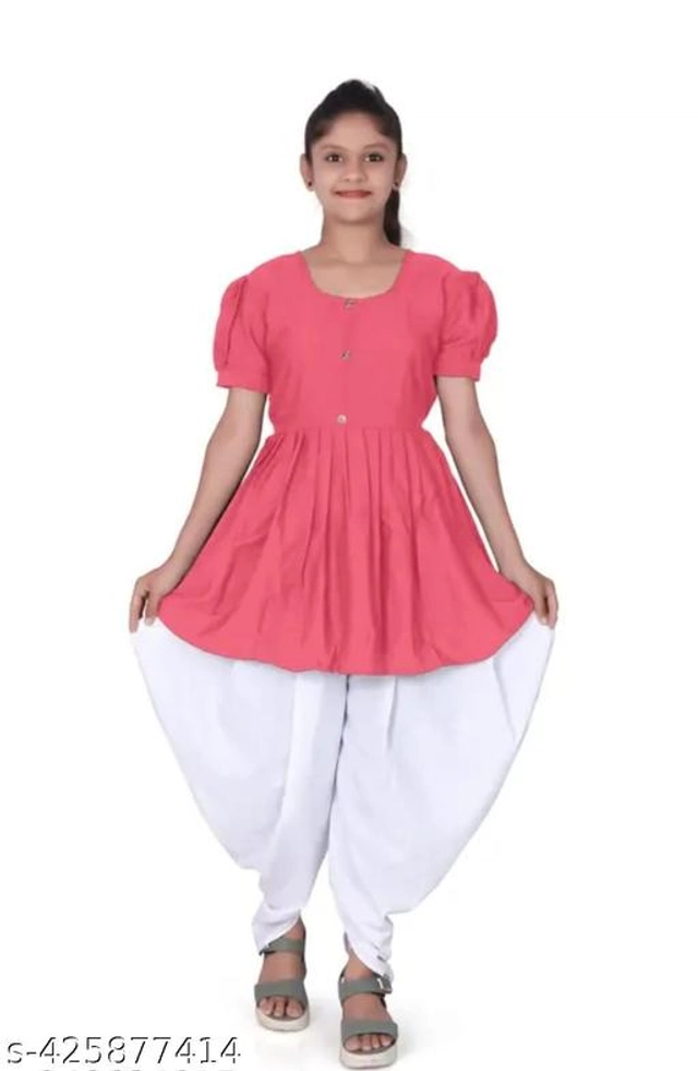 Crepe Solid Kurti with Dhoti for Girls (Coral & White, 2-3 Years)