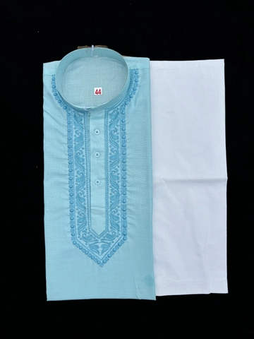 Cotton Embroidered Kurta with Pyjama for Men (Sky Blue & White, M)