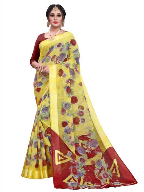 Trendy Cotton Linen Blend Saree With Blouse Piece For Women (Yellow, 6.3 m) (M-1857)