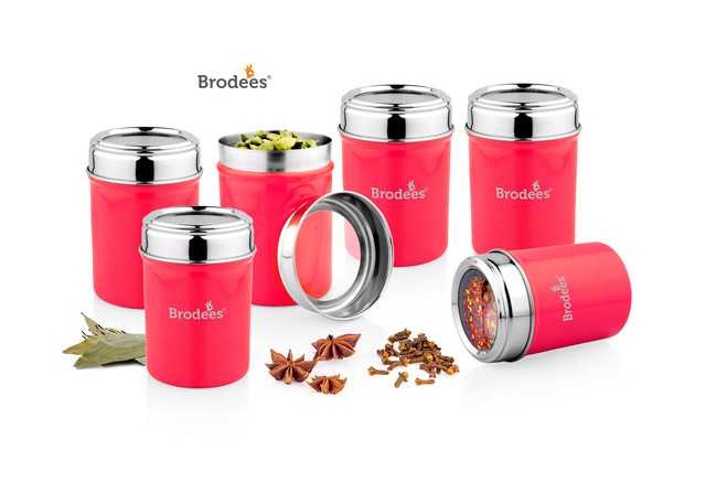 Stainless Steel Top See Thru Spice Container Steel Utility Container (300 ml) (Pack of 6, Red) (A-44)