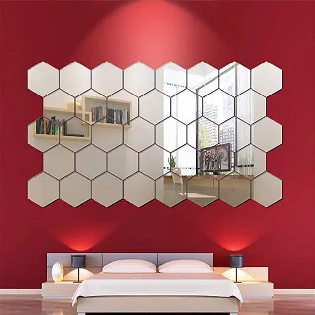 Acrylic Hexagon Shaped Wall Mirror Stickers (Silver, Pack of 38)