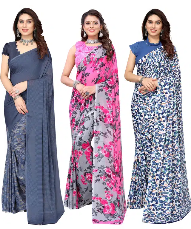 Women's Designer Floral Printed Saree with Blouse Piece (Pack of 3) (Multicolor) (SD-238)
