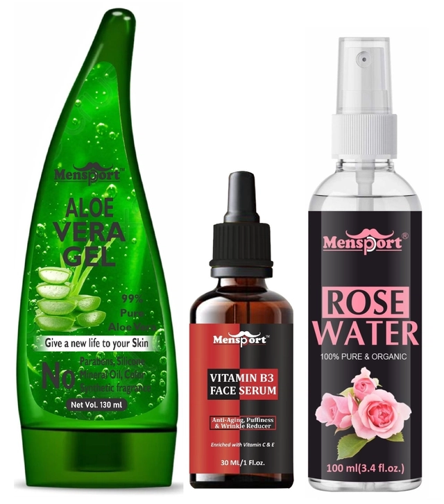 Mensport Aloevera Face Gel (130 ml),, Vitamin B3 Face Serum (30 ml) & Natural Rose Water (100 ml) (Set of 3)