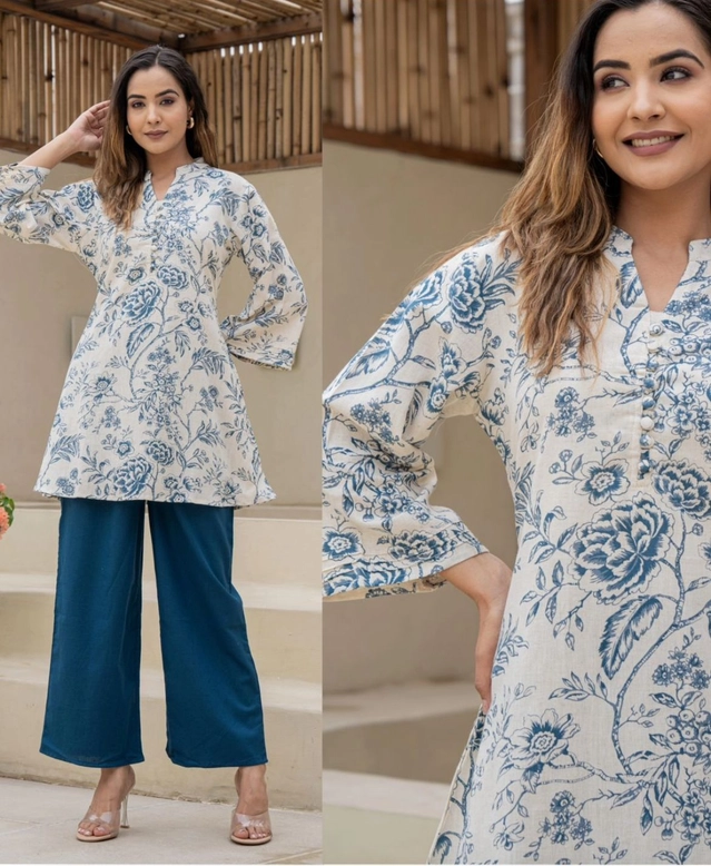 Rayon Printed Ethnic Top & Bottom Set for Women (White & Navy Blue, M)