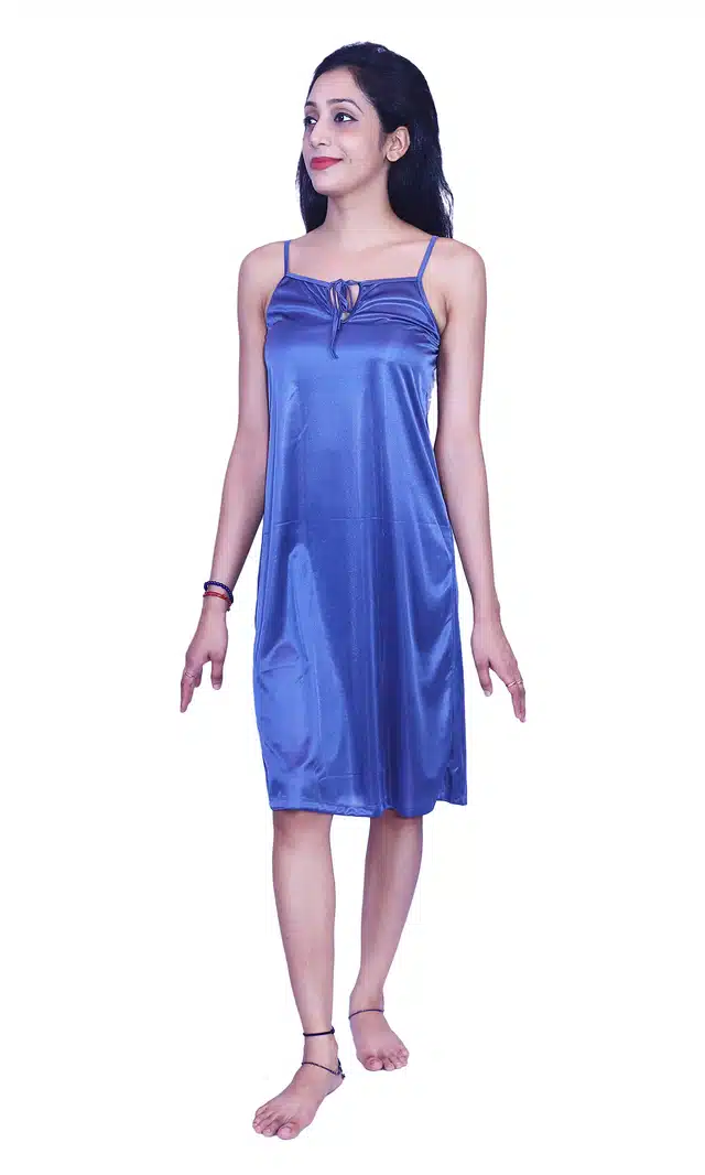 Satin Self Design Night Dress for Women (Blue, S)