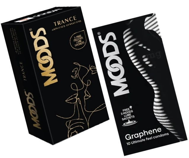 Combo of Moods 10 Pcs Graphene & 10 Pcs Trance Amplified Sensations Condoms with 3 Pcs Free Lube Sachets (Set of 2)