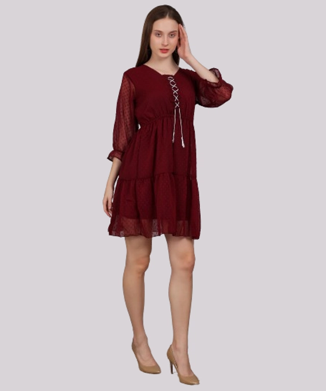 Georgette Solid Flared Dress for Women (Maroon, 36)