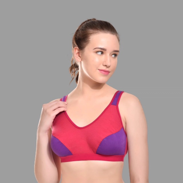 Cotton Colorblocked Non-Padded Sports Bra for Women (Pink & Purple, 28)