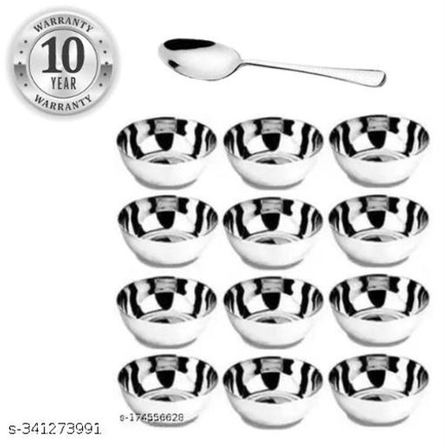 Stainless Steel 12 Pcs Bowls with Spoon (Silver, Set of 2)