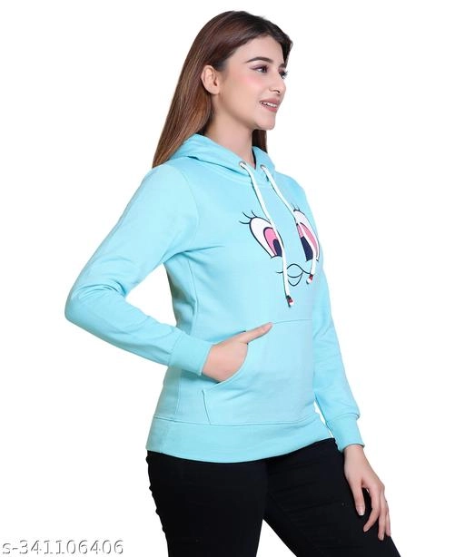 Fleece Printed Hoodie for Women (Aqua Blue, M)