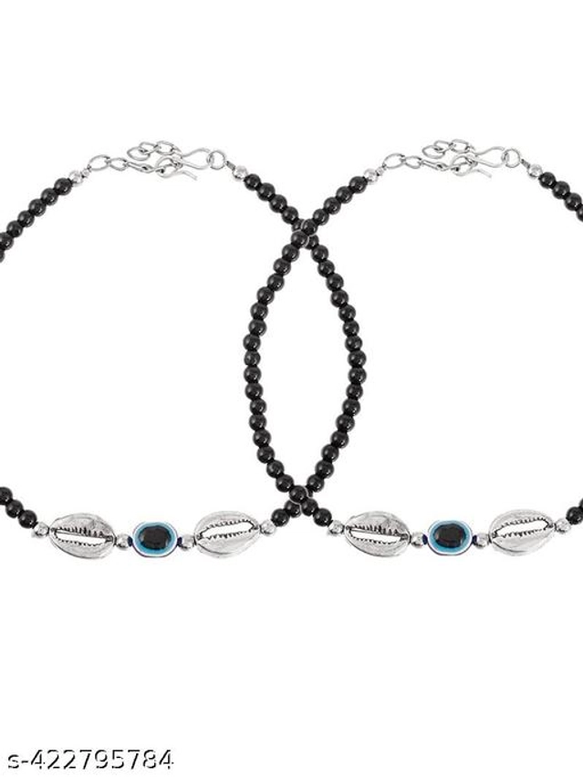 Alloy Anklets for Women (Silver & Black, Set of 1)