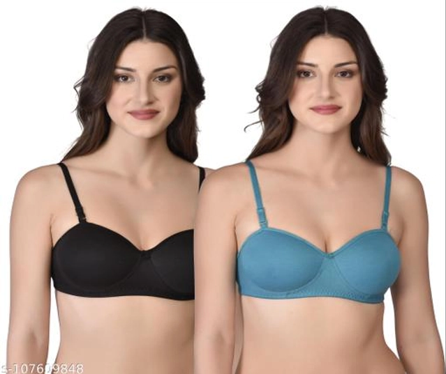 Cotton Blend Solid Padded Bra for Women (Black & Blue, 30B) (Pack of 2)