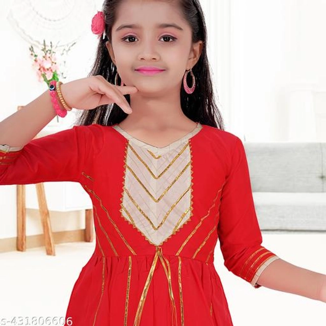 Poly Silk Kurta Sets for Girls (Red & White, 2-3 Years)