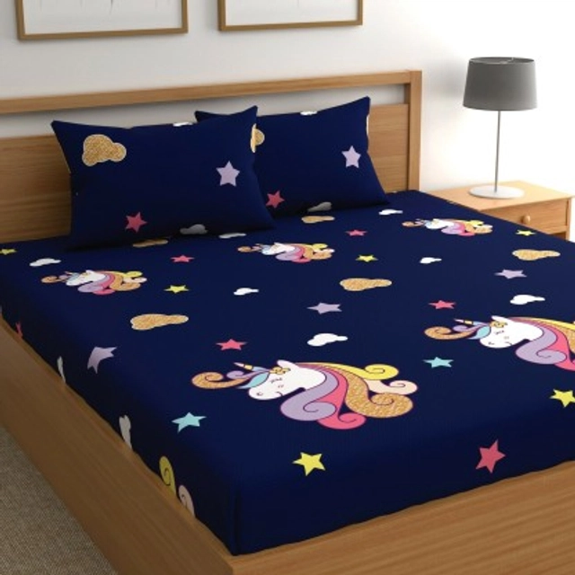 Cotton Double Printed Fitted180 TC Bedsheet (Pack of 1, Blue Unicorn)