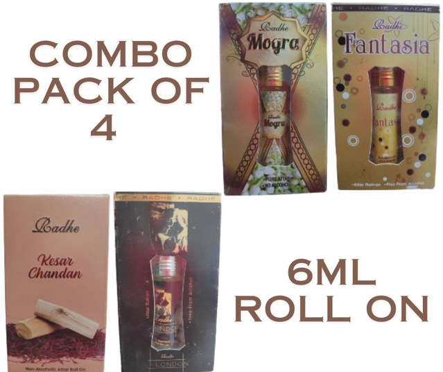 Combo of Radhe Mogra with Fantasia, Kesar Chandan & London Non Alcoholic Rool On Attars (6 ml, Pack of 4)