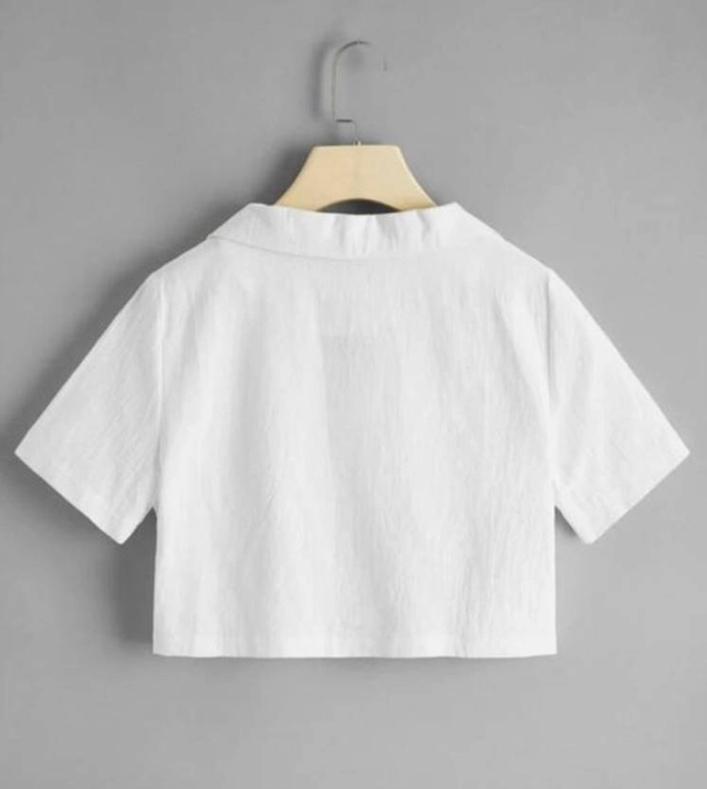 Half Sleeves Solid Crop Shirt for Women (White, S)