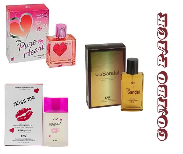 Combo of CFS Pure Heart Pink with Kiss Me & Wild Sandal Perfumes for Men & Women (40 ml, Pack of 3)