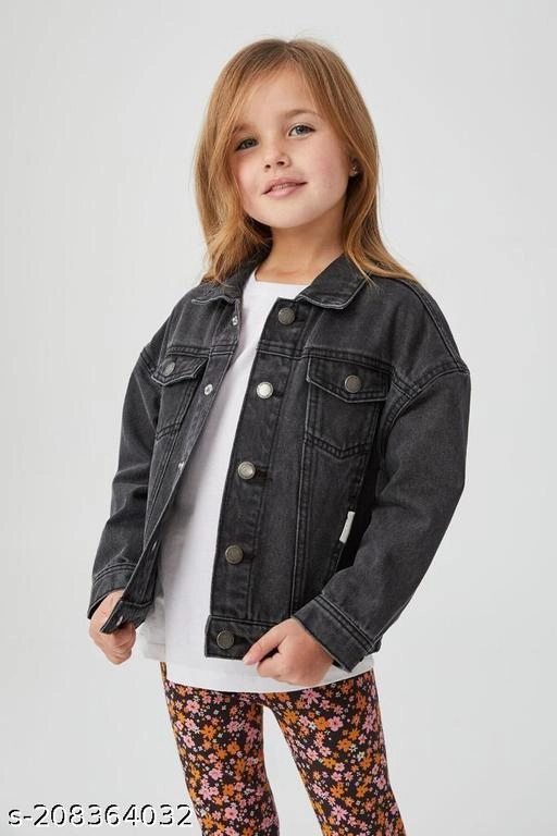 Denim Solid Jacket for Girls (Black, 5-6 Years)