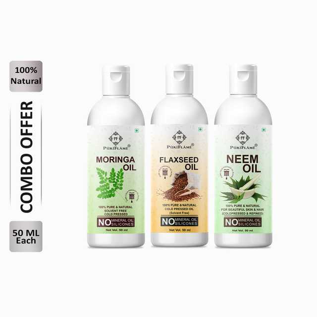 Puriflame Pure Moringa Oil (50 ml), Flaxseed Oil (50 ml) & Neem Oil (50 ml) Combo for Rapid Hair Growth (Pack Of 3) (B-11783)