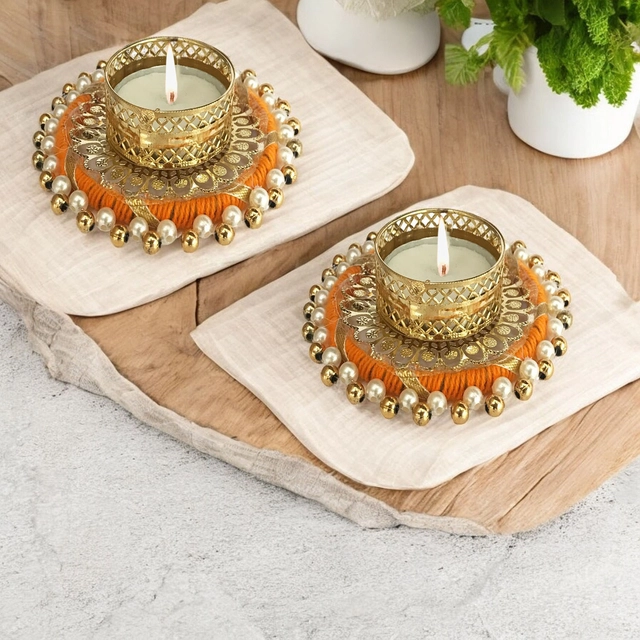 Metal Designer Tealight Candle Holder (Orange, 9x9x2.5 cm) (Pack of 2)