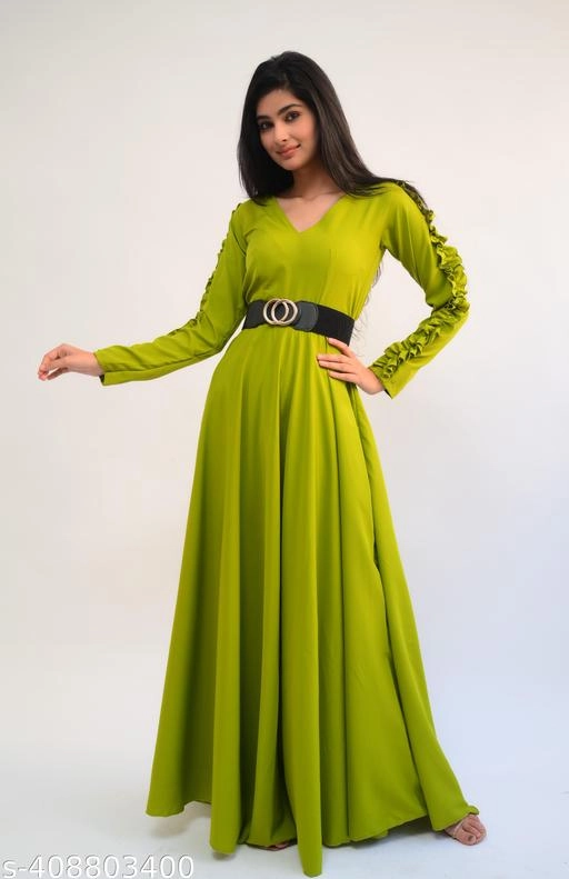 Crepe Solid Gown for Women (Olive, XS)