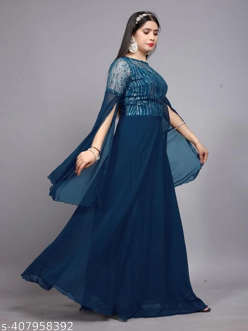 Georgette Embellished Gown for Women (Teal, S)